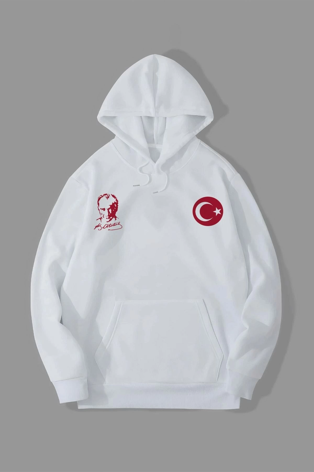 Erkek 10 Kasıma Özel Üç İplik Kapüşonlu Baskılı SweatShirt - Beyaz