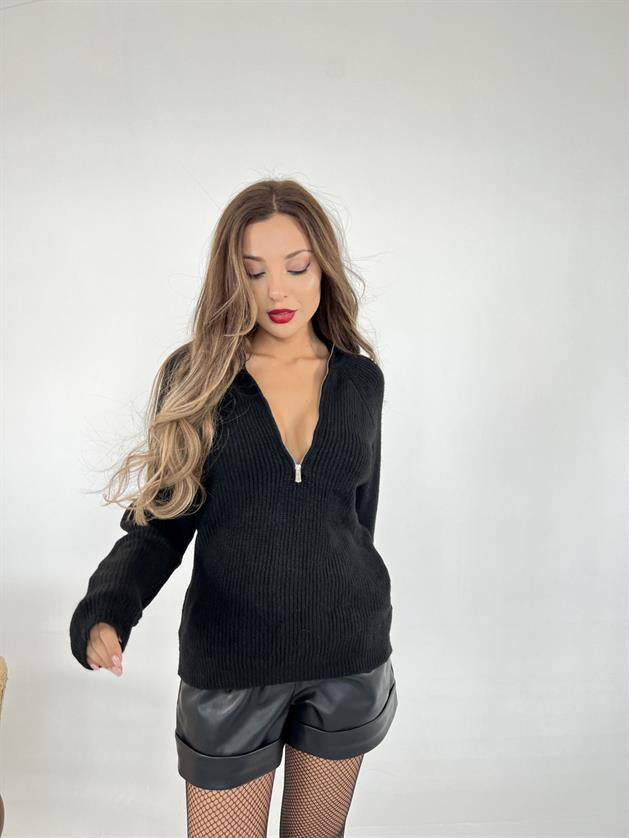 3910 TRİKO FERMUARLI İPLİ KAZAK-SİYAH