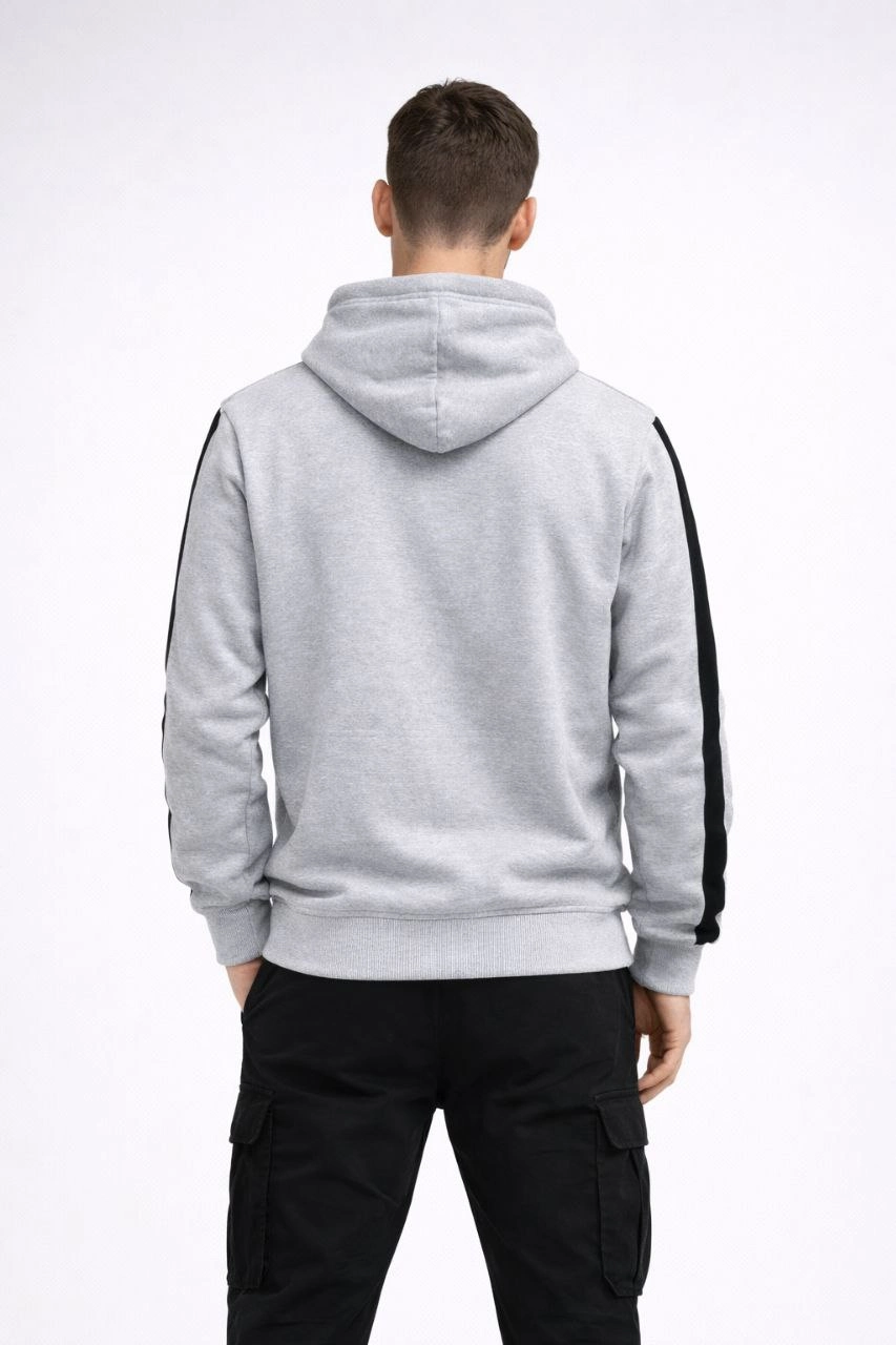 Erkek Şeritli Kapüşonlu Sweatshirt 3 iplik Pamuklu - Beyaz