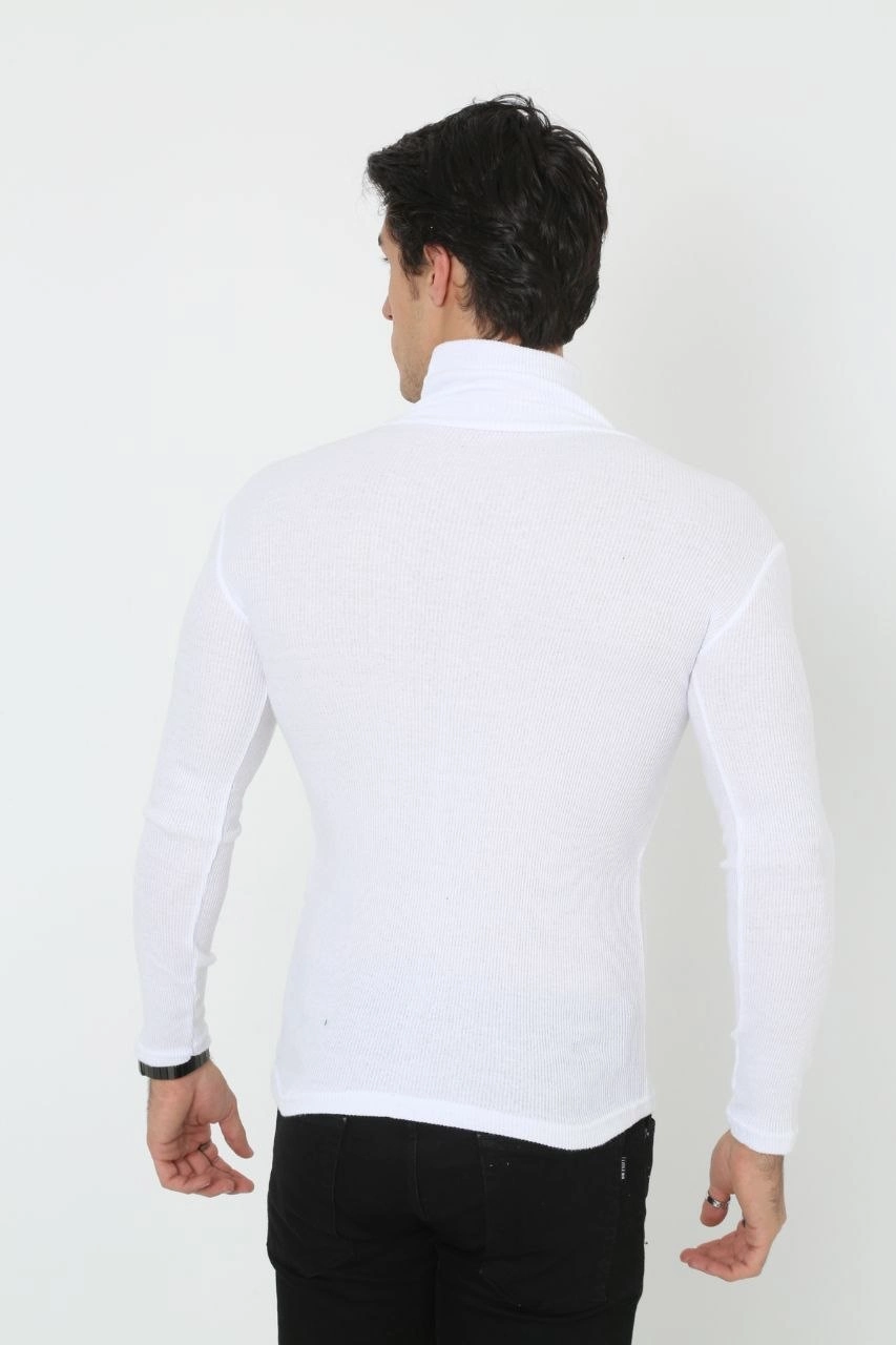 Erkek Kaşkorse Boğazlı Full Likralı Fitilli Body Kazak - Beyaz