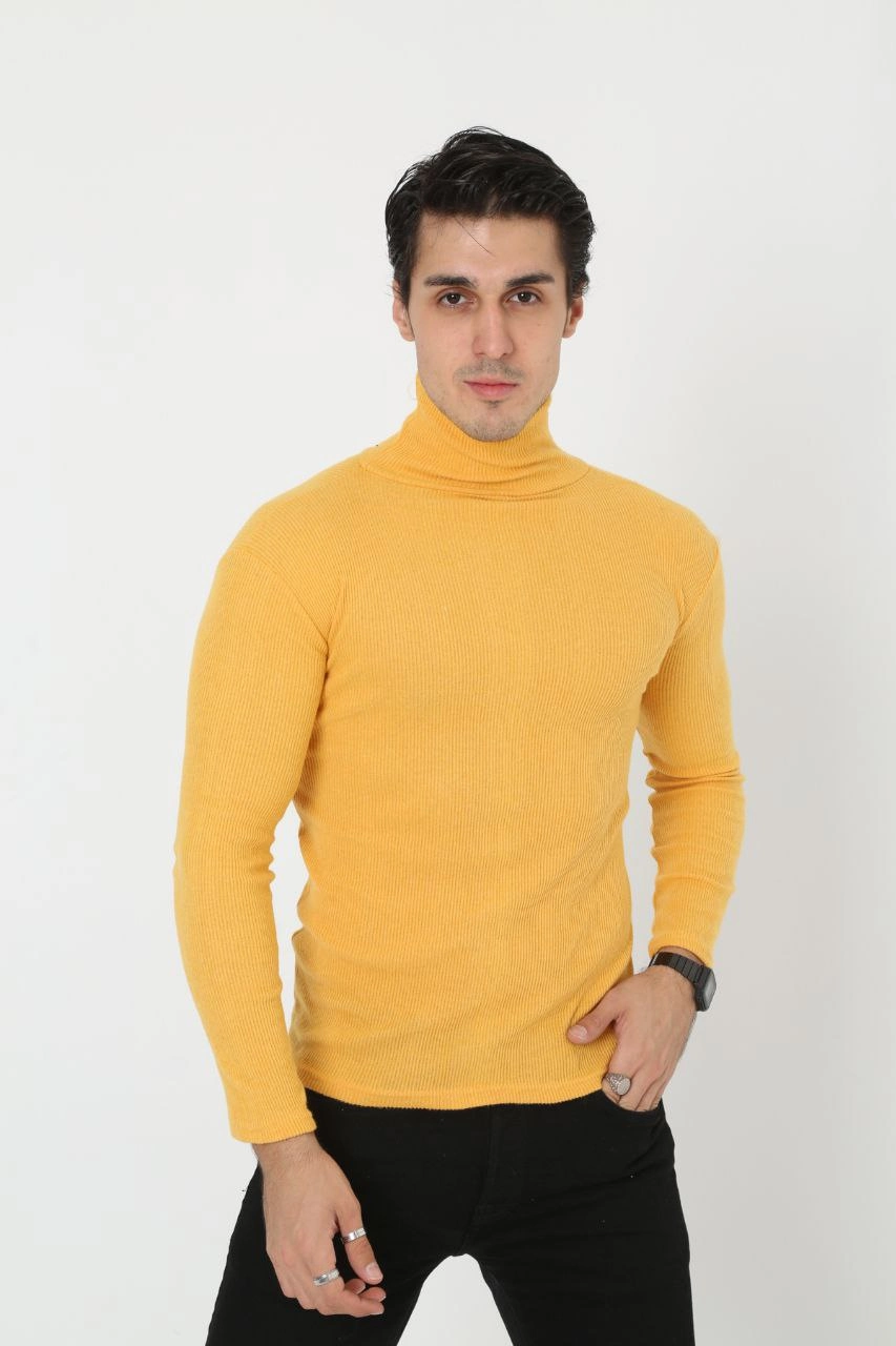 Erkek Kaşkorse Boğazlı Full Likralı Fitilli Body Kazak - Sarı