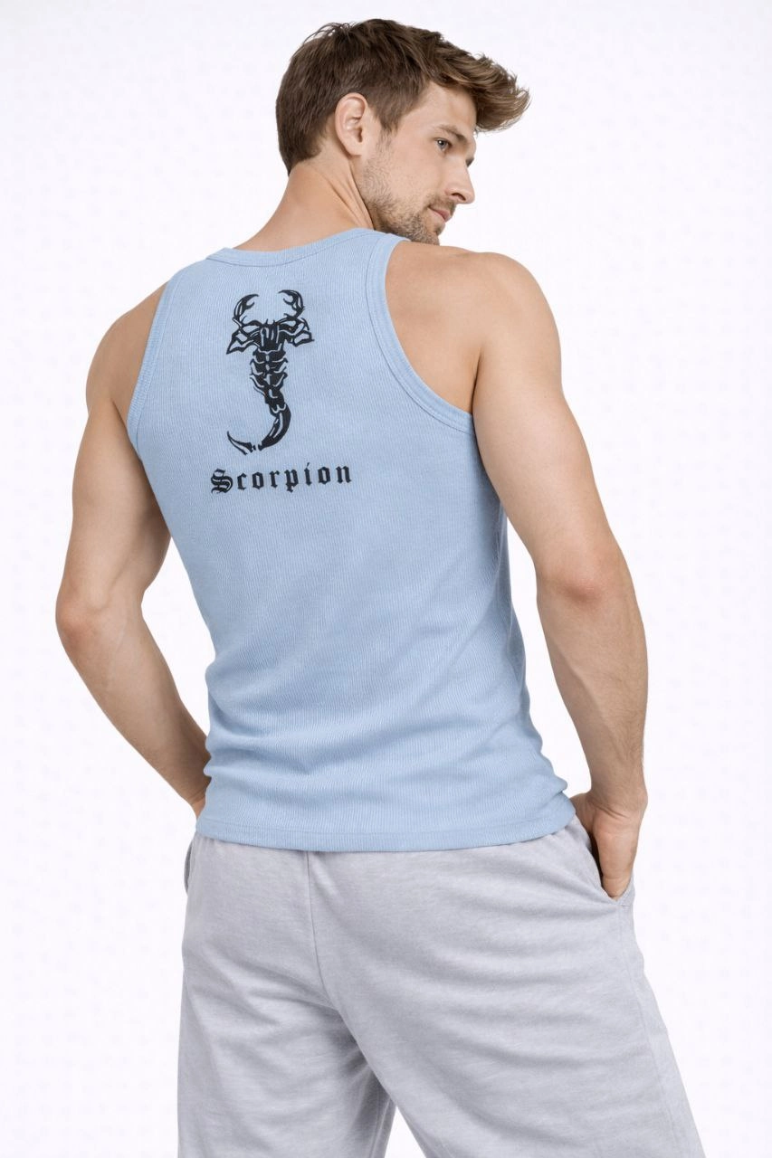 Erkek Fitilli Atlet Sıfır Yaka Slim Fit Arka Baskılı Spor Atlet - Bebek Mavisi