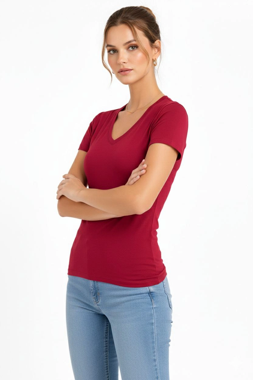 Kadın V Yaka Slim Fit Likralı Tişört - Bordo