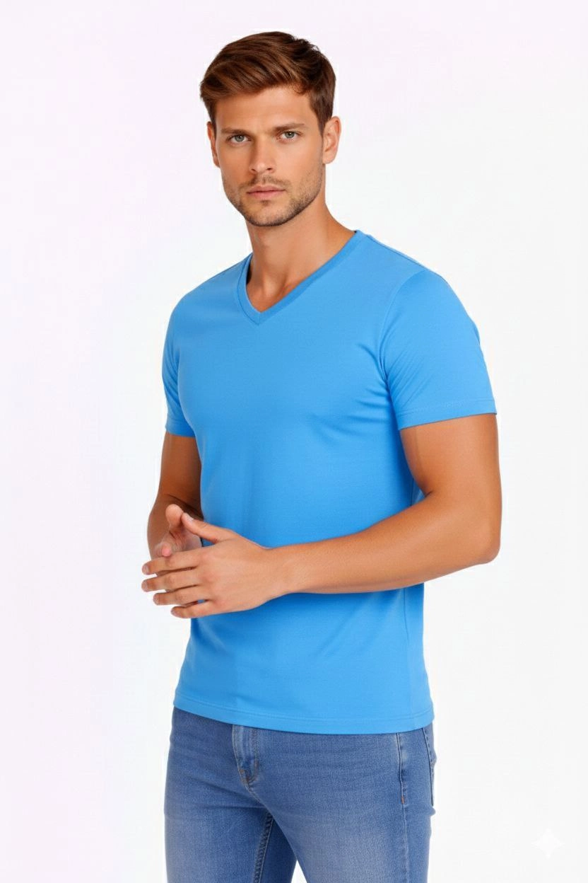 Erkek V Yaka Slim Fit dar kesim Likralı Tişört - Açık Mavi