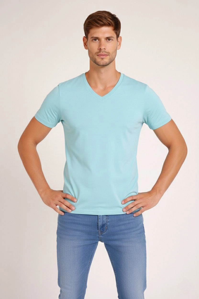 Erkek V Yaka Slim Fit dar kesim Likralı Tişört - Turkuvaz