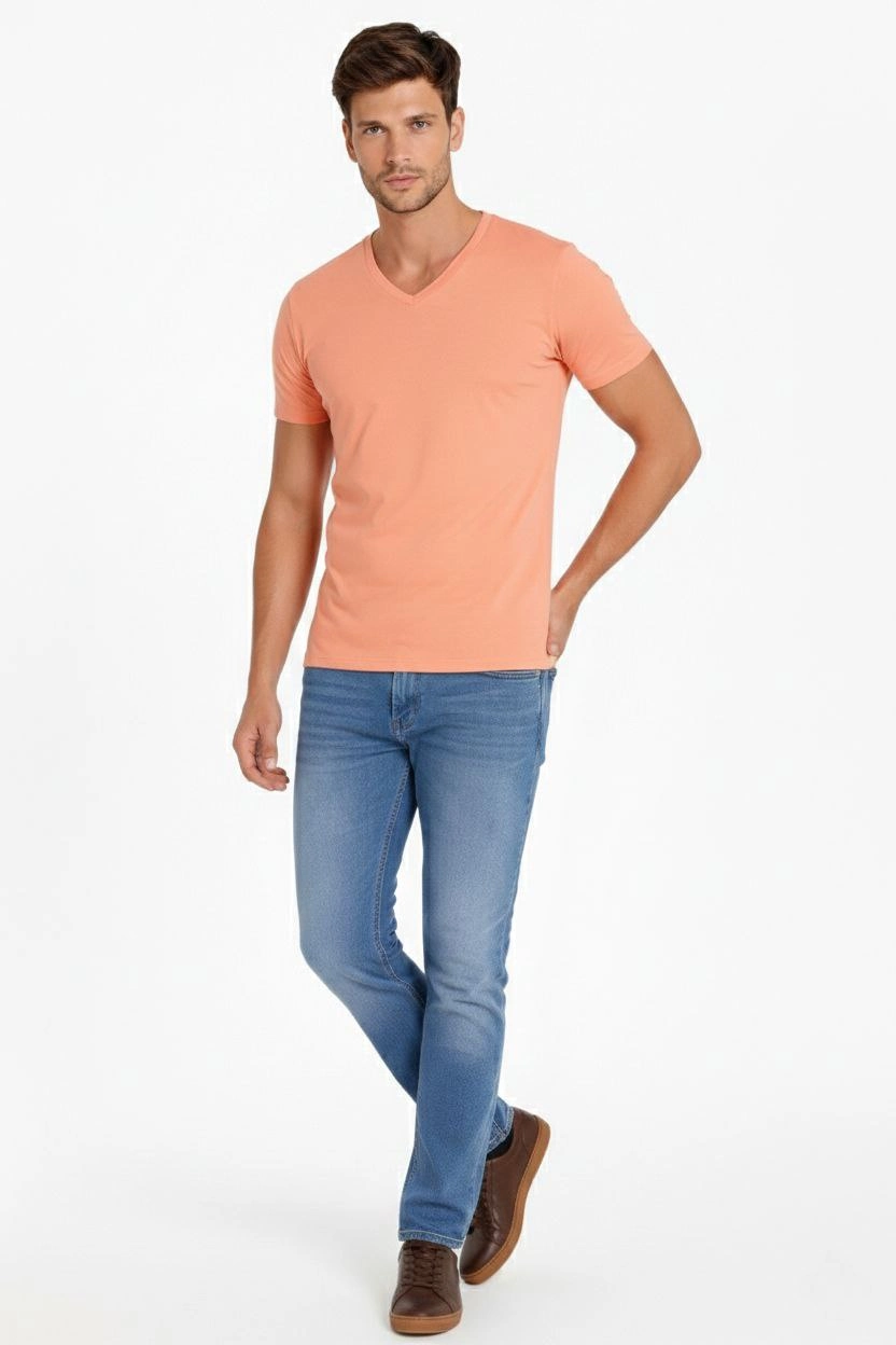 Erkek V Yaka Slim Fit dar kesim Likralı Tişört - Toz Pembe