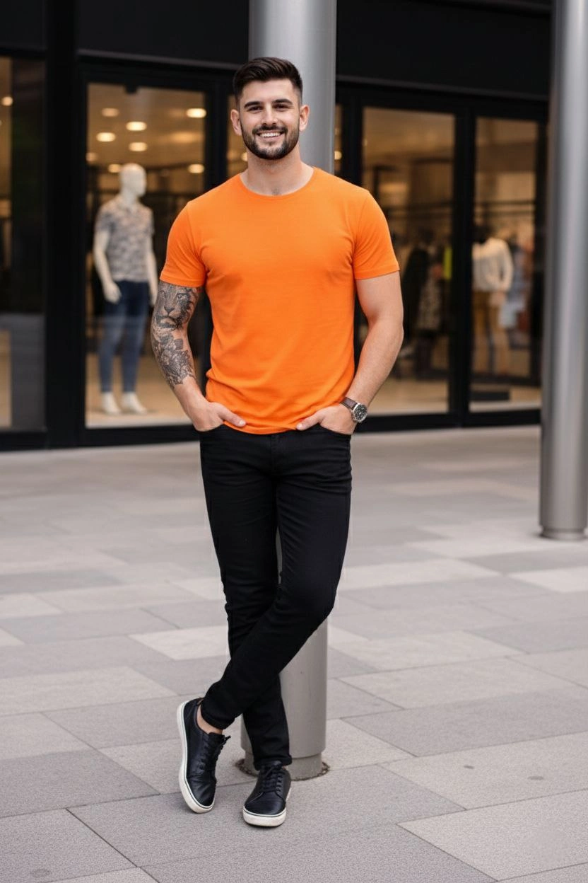 Erkek Bisiklet Yaka Slim Fit dar kesim Likralı Tişört - Turuncu