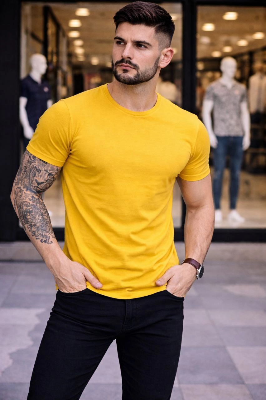 Erkek Bisiklet Yaka Slim Fit dar kesim Likralı Tişört - Sarı