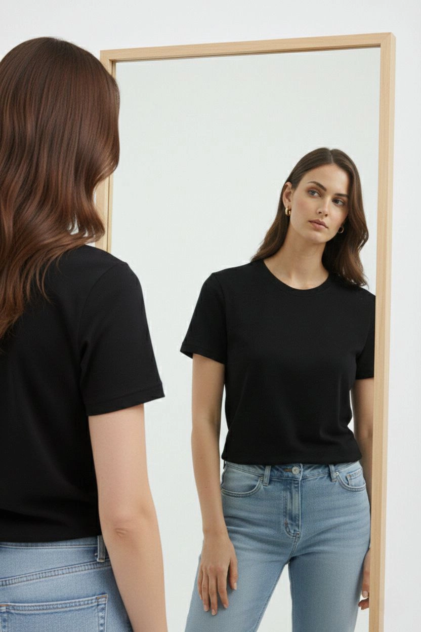Kadın Bisiklet Yaka Tişört Regular Kalıp Basic Pamuklu Günlük Kullanım T-shirt - Siyah