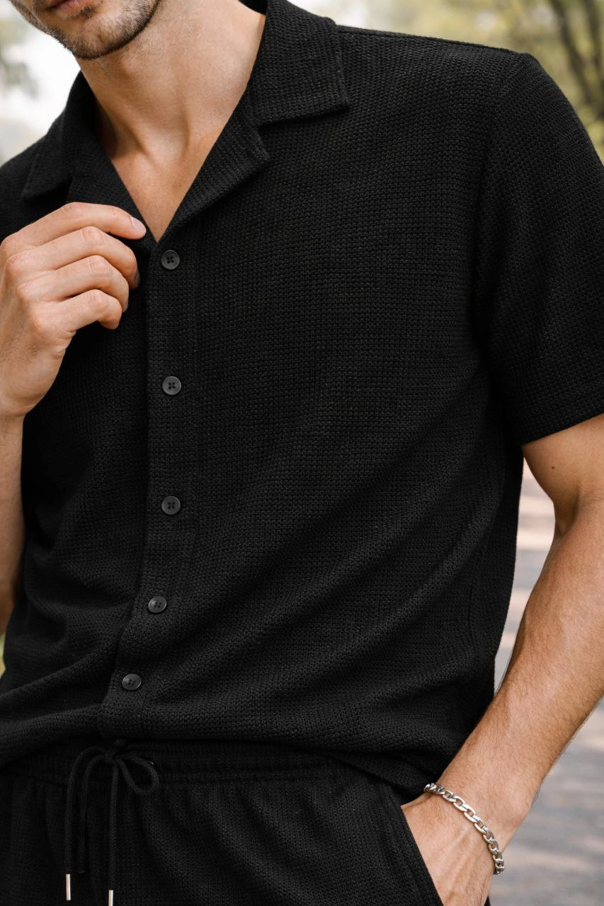 Erkek Waffle Kumaş Kısa Kollu Gömlek Şort Takım Regular Fit Yazlık İkili Set - Siyah