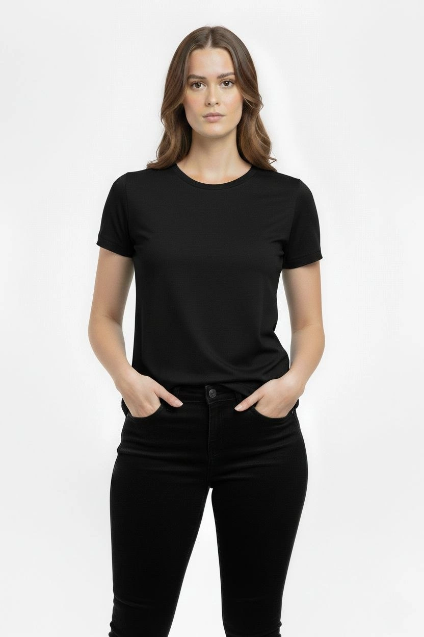 Kadın T-Shirt Bisiklet Yaka Slim Fit Likralı Tişört Günlük Basic Body - Siyah