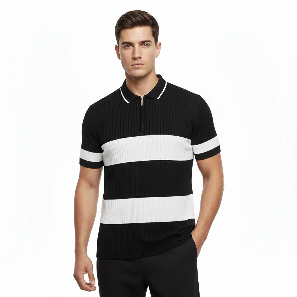 Erkek T-shirt Çizgili Triko Dokuma Kumaş Polo Yaka Yarım Fermuarlı Regular Kalıp Tişört - Siyah
