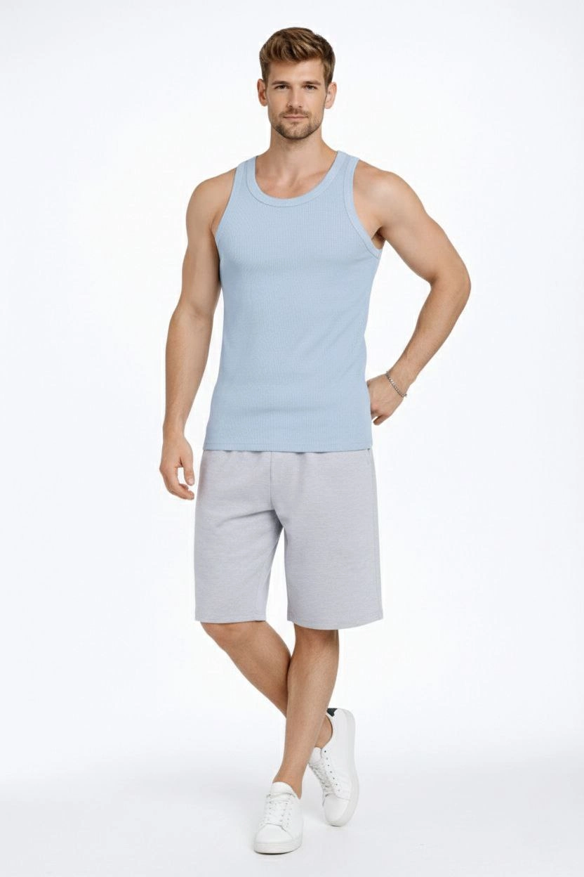 Erkek Spor Fitilli Atlet 2'li Set Kahverengi Bebek Mavisi Slim Fit Kaşkorse Arka Baskılı