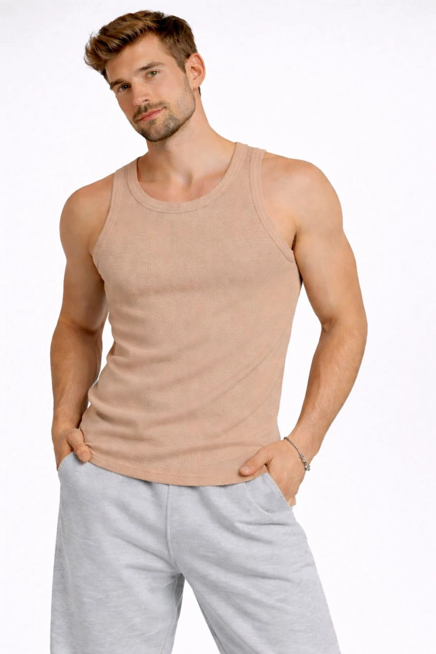 Erkek Spor Fitilli Atlet 2'li Set Kahverengi ve Beyaz Slim Fit Kaşkorse Arka Baskılı Spor Atlet