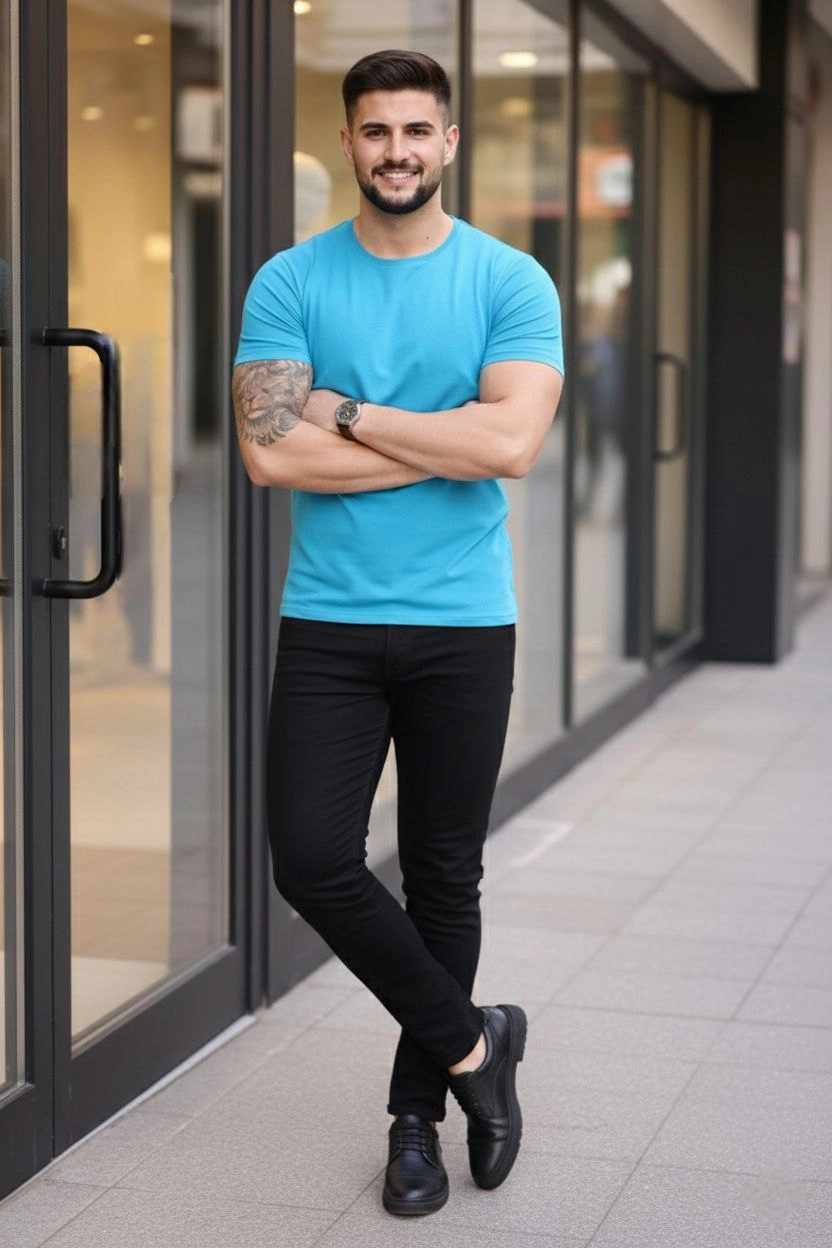 Erkek 3'lü Bisiklet Yaka Tişört - Kısa Kollu Yazlık Slim Fit Body - Siyah, Kırmızı, Açık Mavi