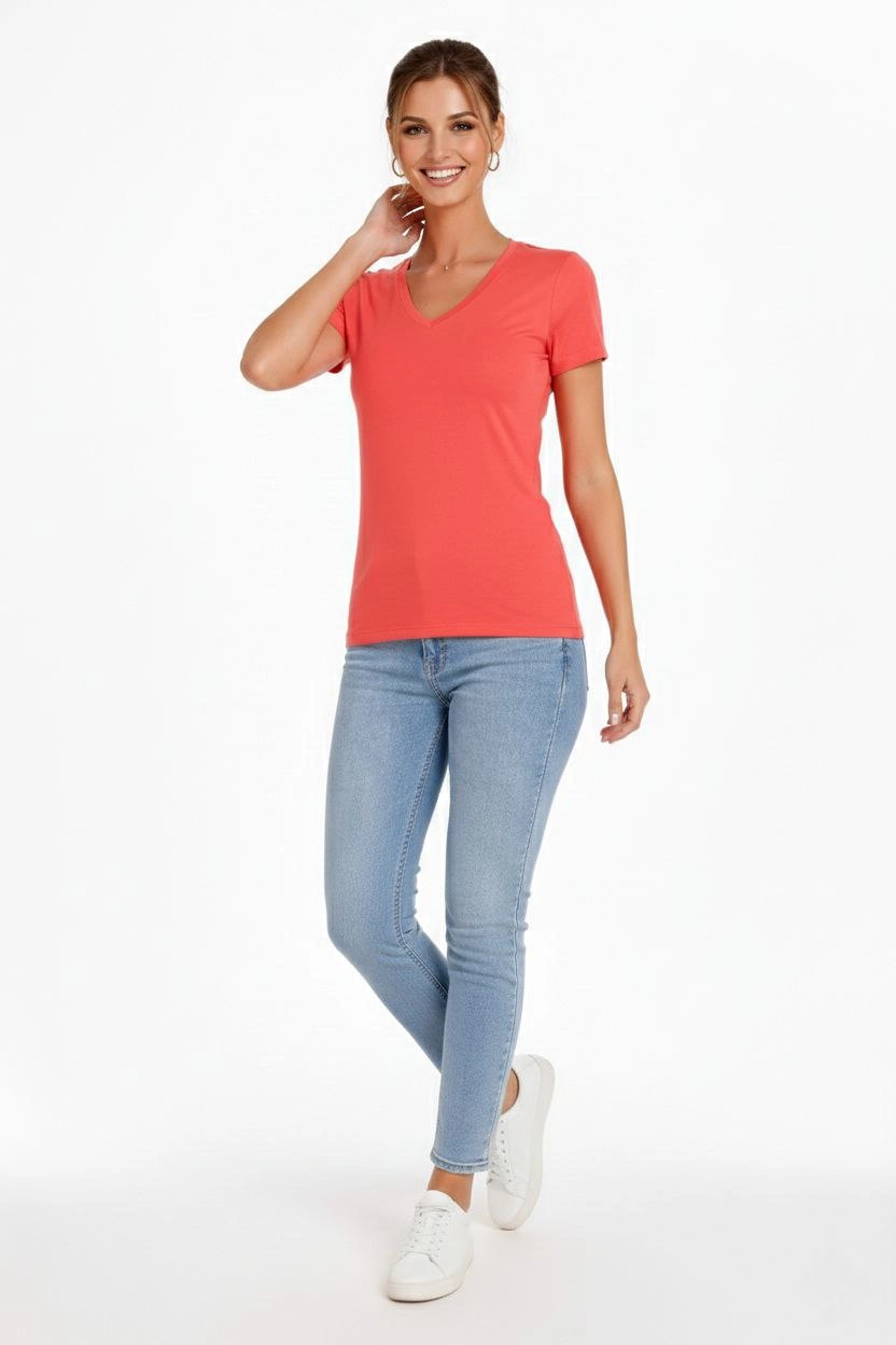 Kadın 2'li V Yaka Tişört - Kısa Kollu Yazlık Slim Fit Body - Nar Çiçeği & Açık Mavi