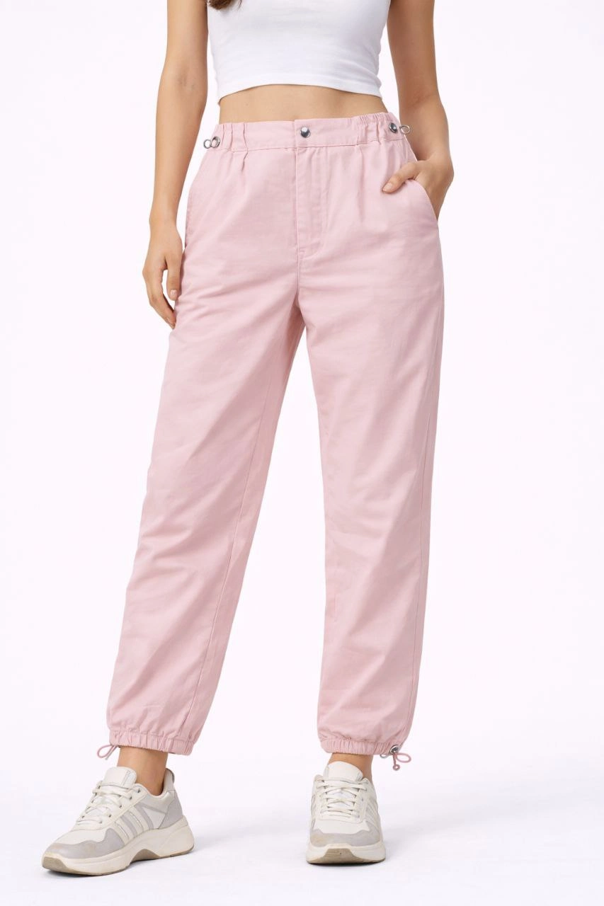 Kadın Paraşüt Kumaş Pantolon Bel ve Paça Ayarlanabilir Lastikli Spor Pantolon - Toz Pembe