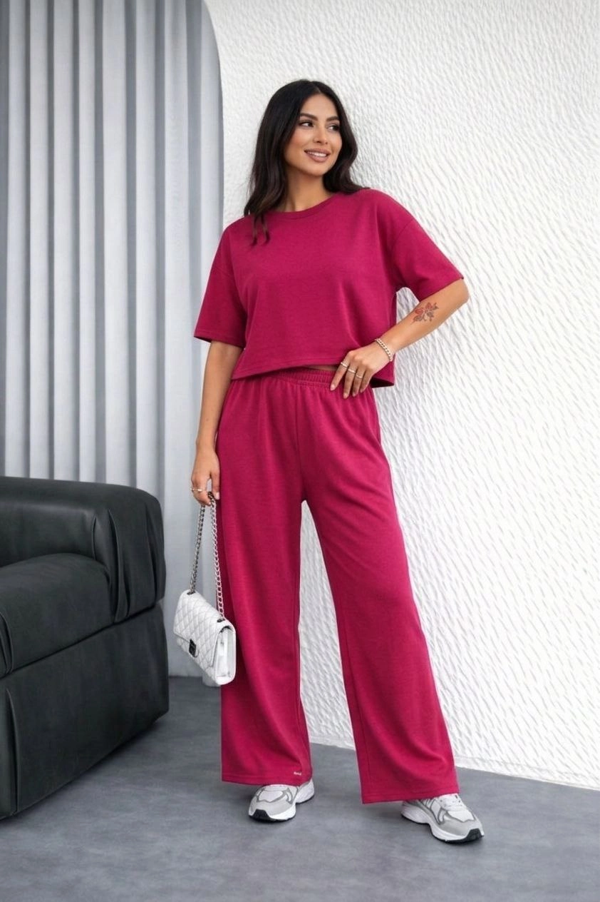 Kadın Osy Modal yumuşak dokulu Oversize İkili Takım Bol Paça Pantolonlu Takım - Fuşya
