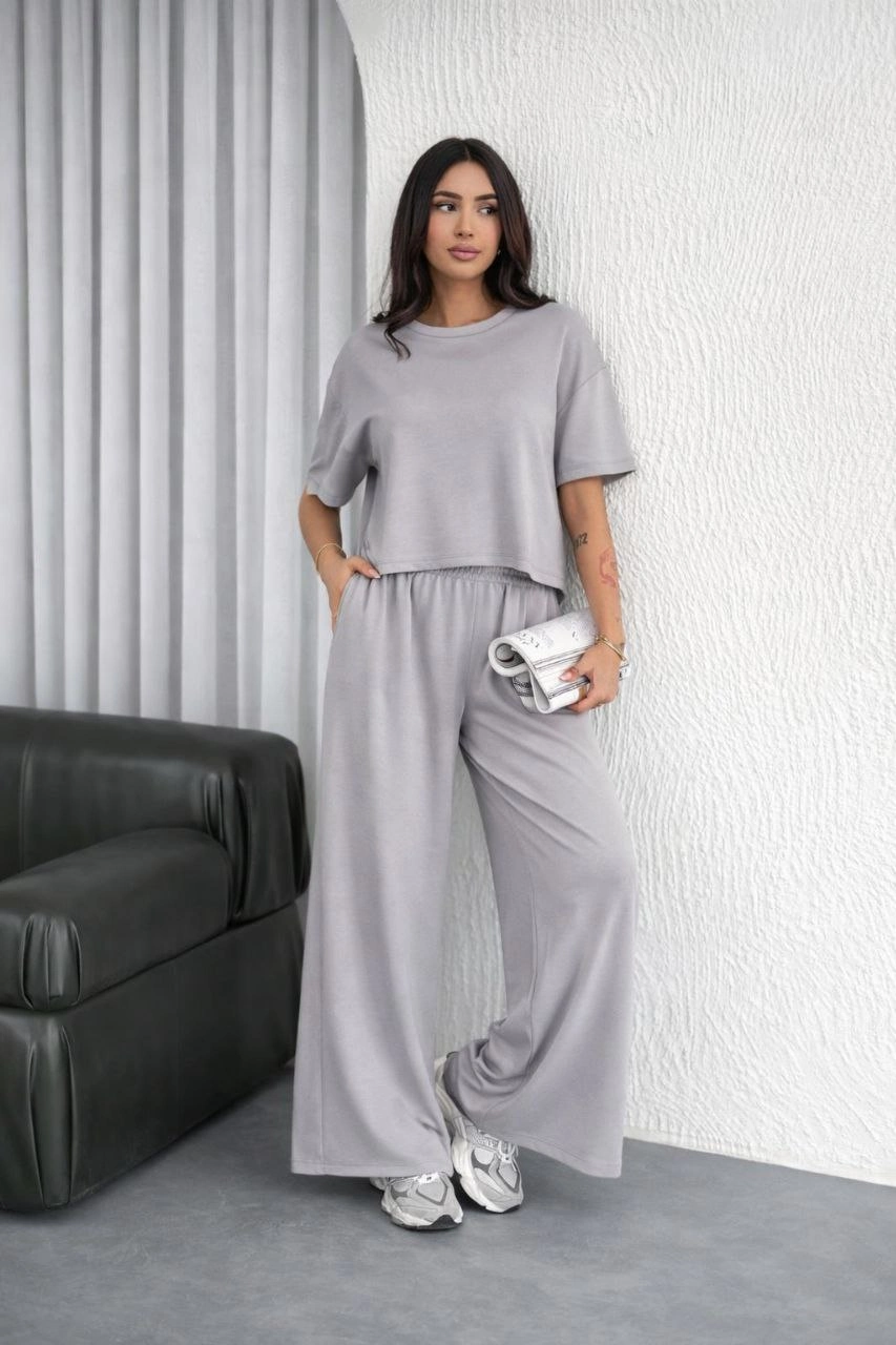 Kadın Osy Modal yumuşak dokulu Oversize İkili Takım Bol Paça Pantolonlu Takım - Gri