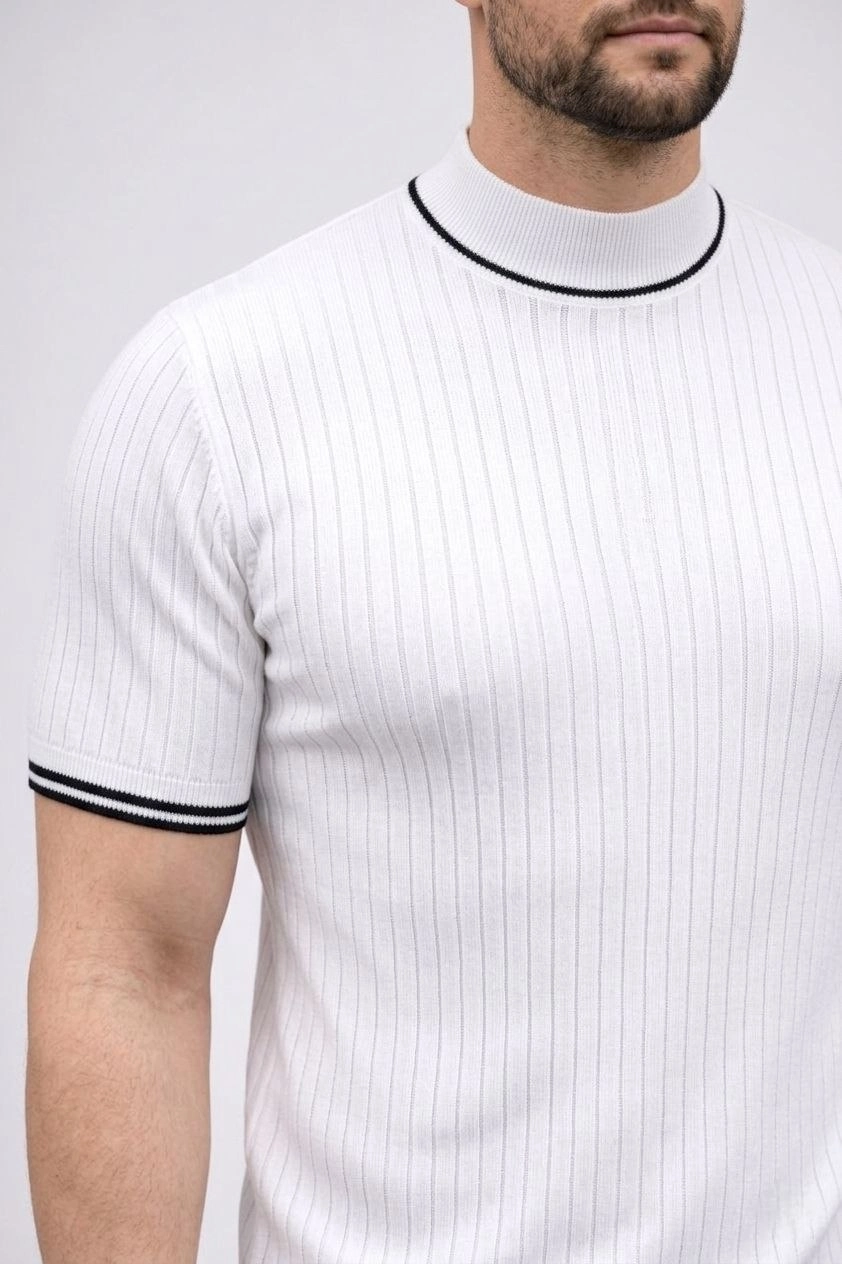 Erkek Fitilli Triko Dokuma Kısa Kol Tişört Yarım Boğaz Modern Yazlık T-Shirt - Beyaz
