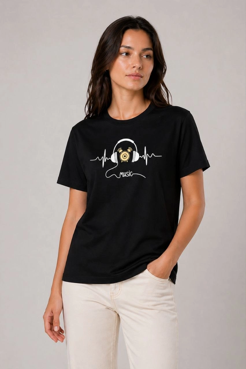 Kadın Müzik Temalı Baskılı Tişört Bisiklet Yaka Kısa Kol T-Shirt - Siyah