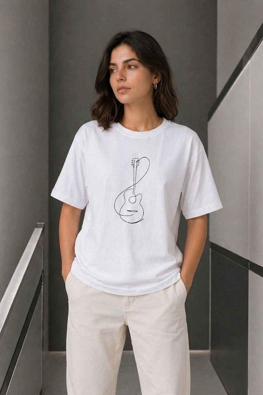 Kadın Minimal Gitar Baskılı Tişört T-Shirt Yazlık Kısa Kol Bisiklet Yaka T-Shirt - Beyaz