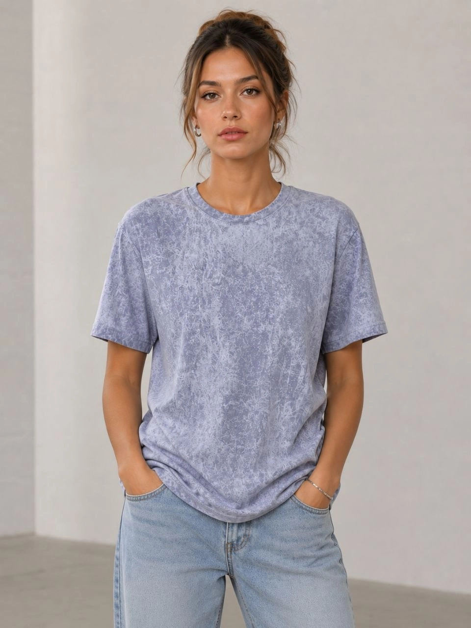 Kadın Yıkamalı Washed Effect Tişört Bisiklet Yaka Sokak Stil Kısa Kol T-Shirt - Gri