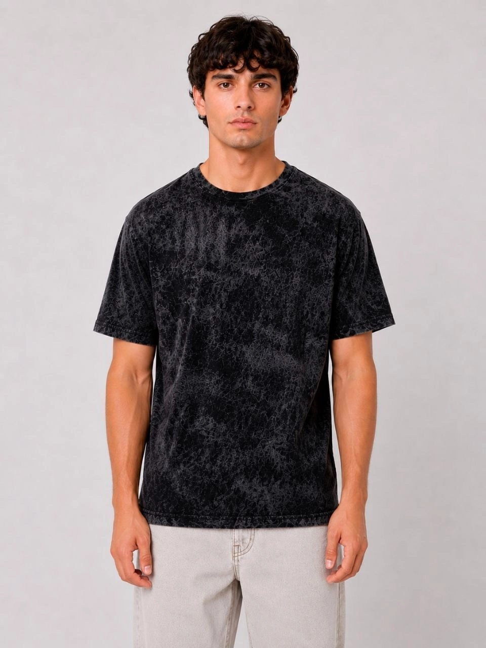 Erkek Yıkamalı Washed Effect Tişört Bisiklet Yaka Sokak Stil Kısa Kol T-Shirt - Siyah