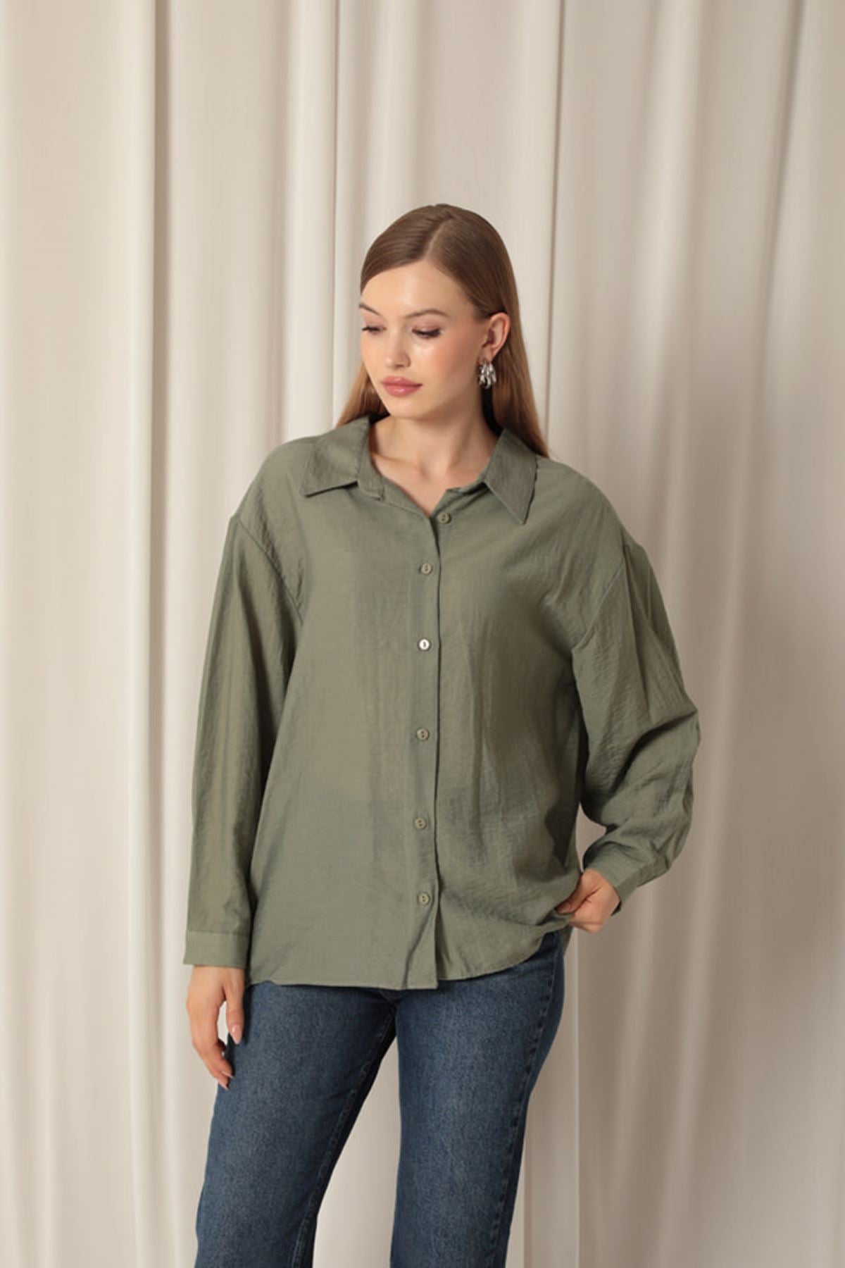 Aerobin Kumaş Basıc Kadın Haki Gömlek