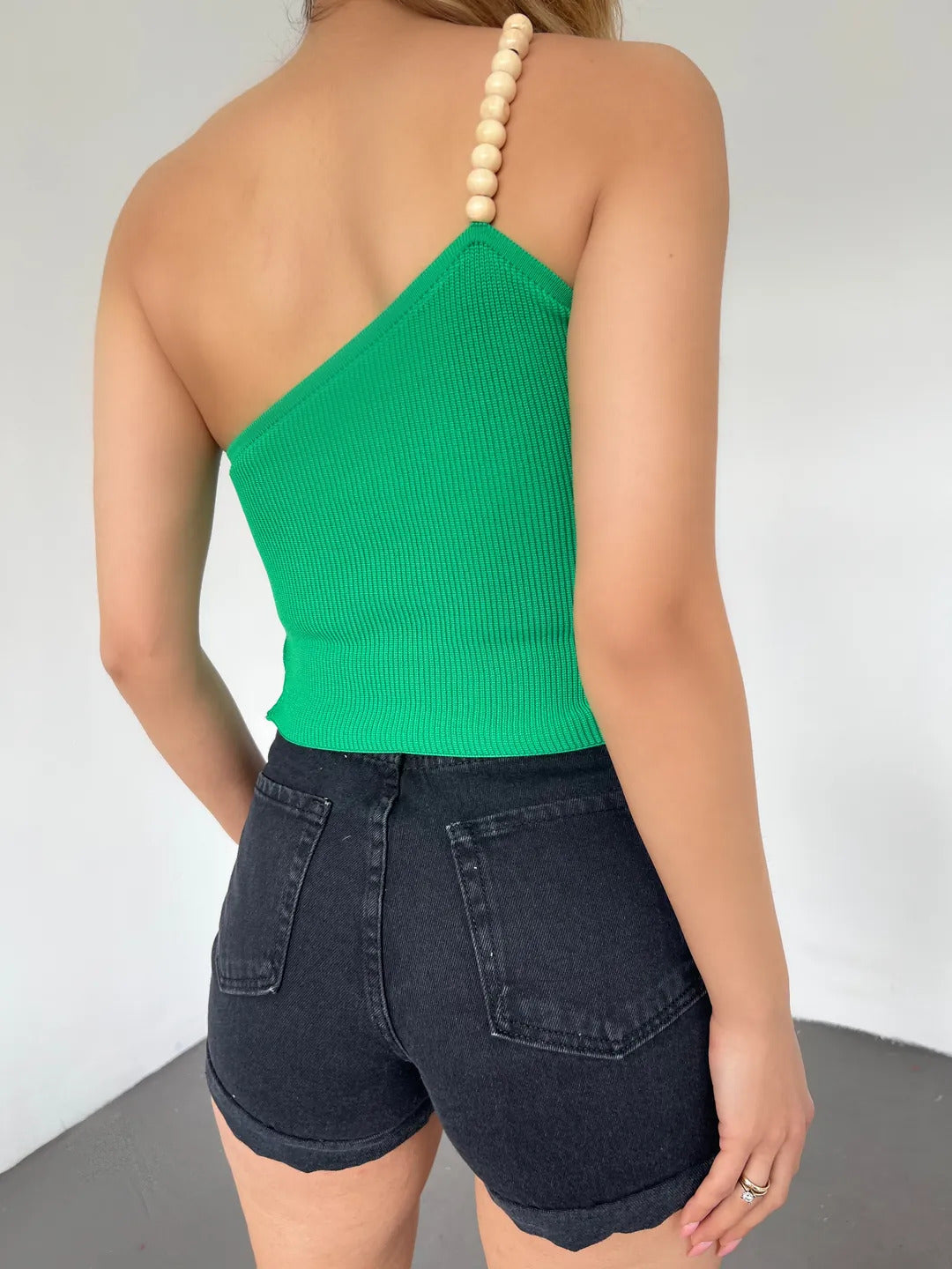 Ahşap Boncuk Detaylı Askılı Triko Bluz Yeşil - DF2303