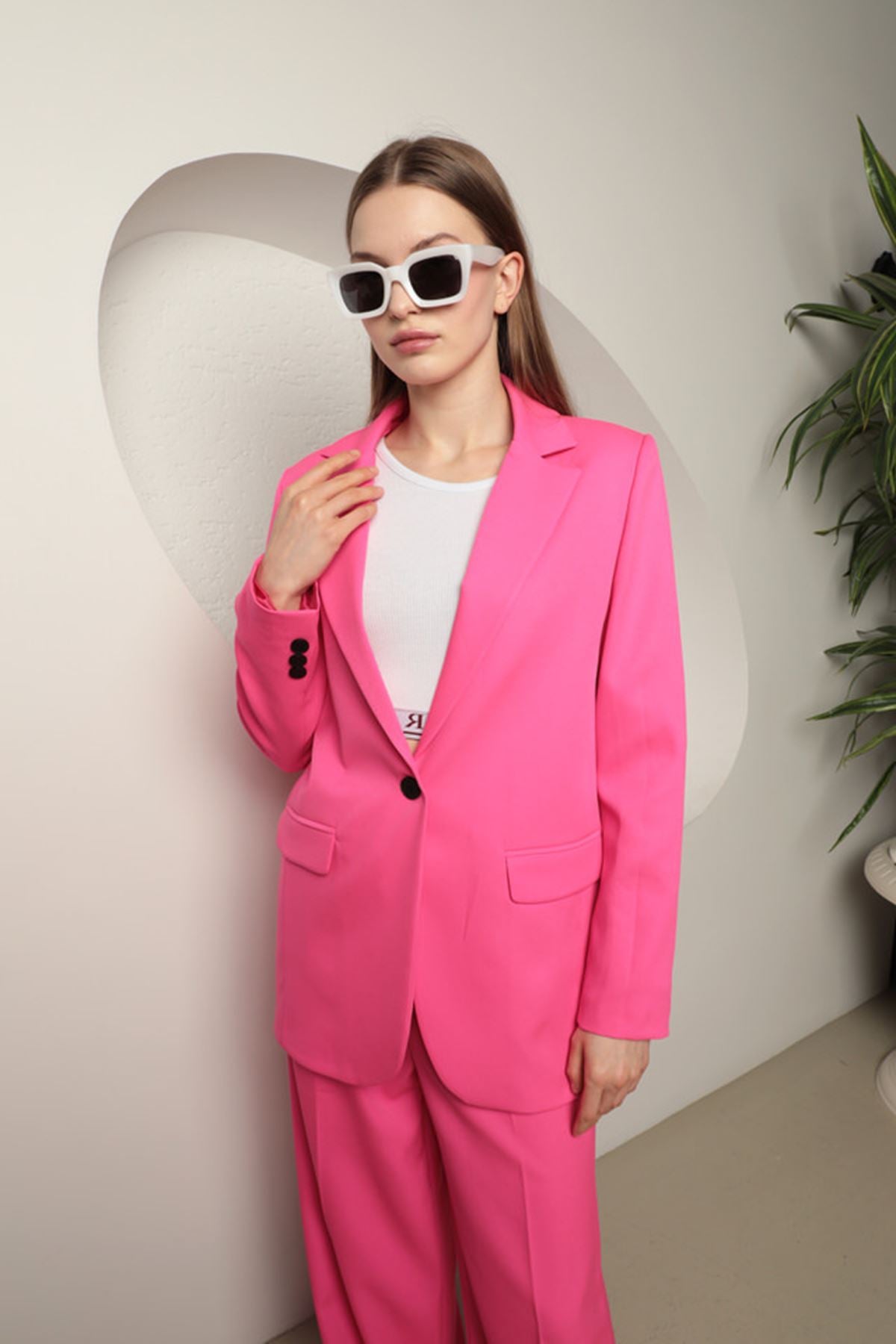 Atlas Kumaş Kadın Oversize Ceket-Fuşya