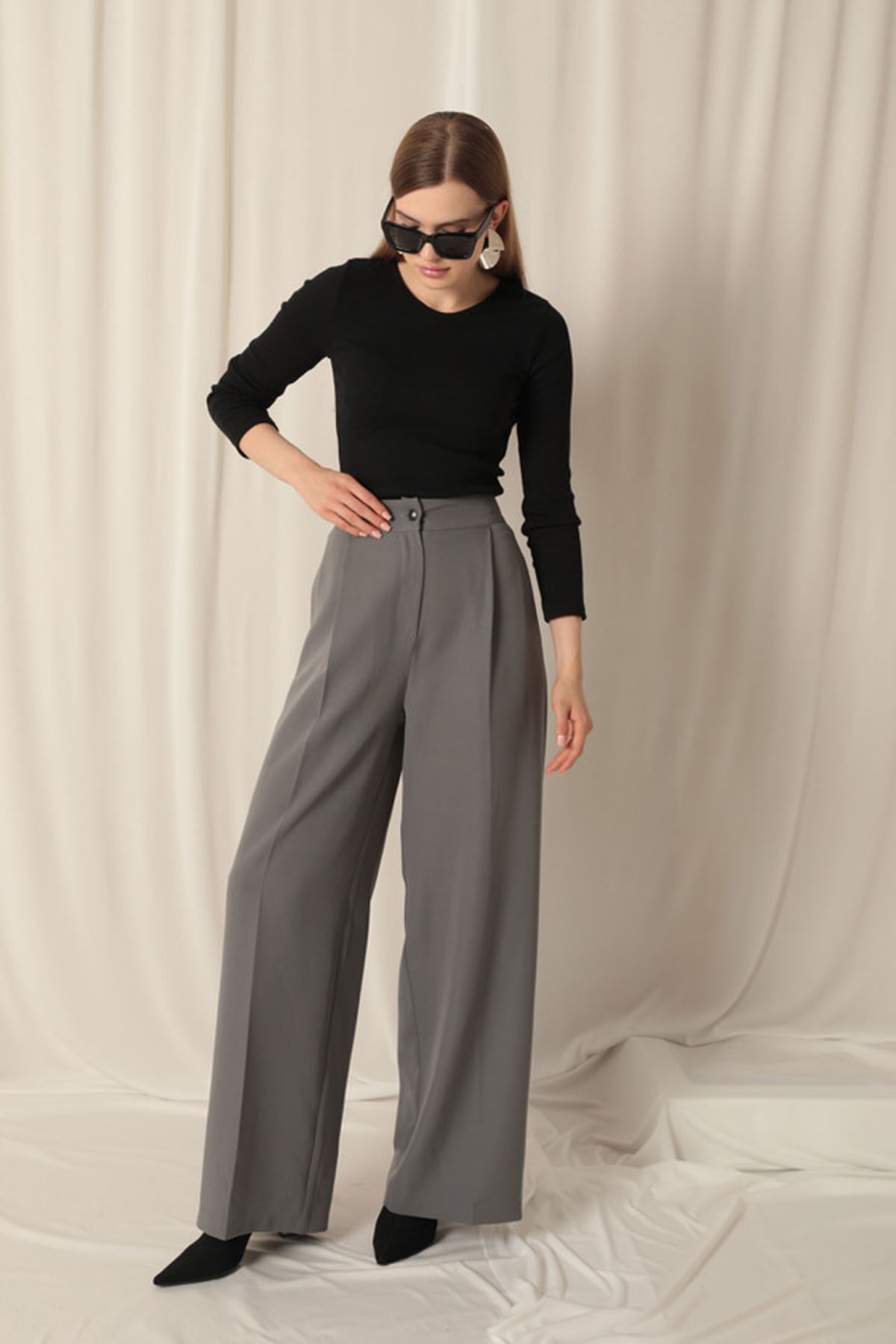 Atlas Kumaş Palazzo Kadın Gri Pantolon