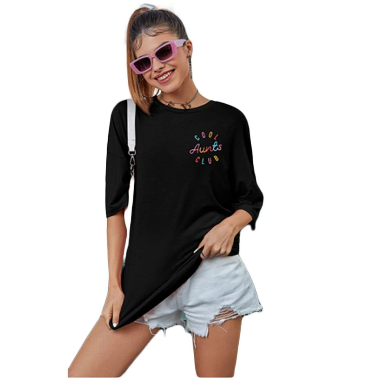 Kadın Baskılı Ovarsize Kısa kol T-shirt - Siyah