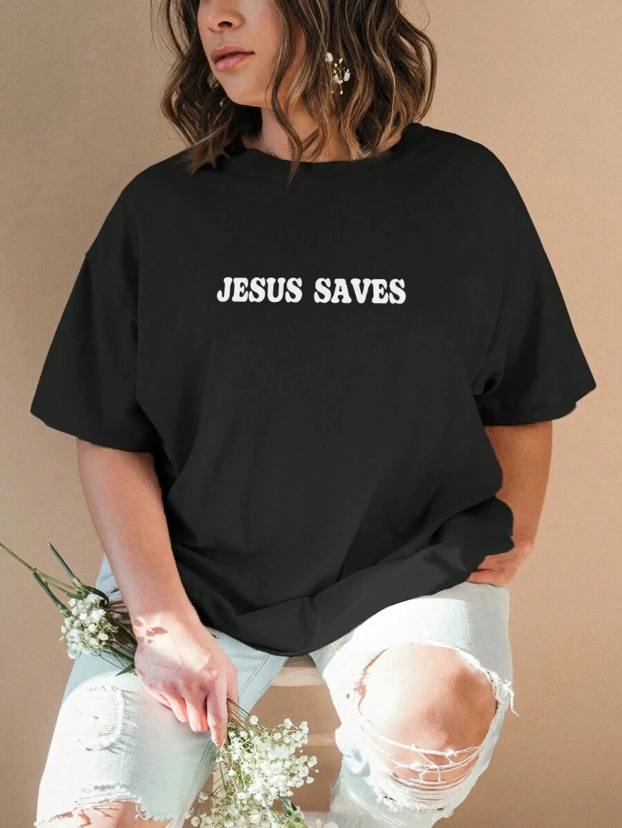 Kadın Baskılı T-Shirt Kısa Kol Bisiklet Yaka Ovarsize Rahat Kalıp Tişört - Siyah