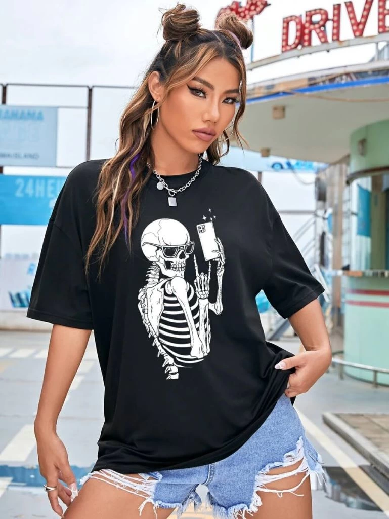 Kadın Baskılı T-Shirt Kısa Kol Bisiklet Yaka Ovarsize Rahat Kalıp Tişört - Siyah