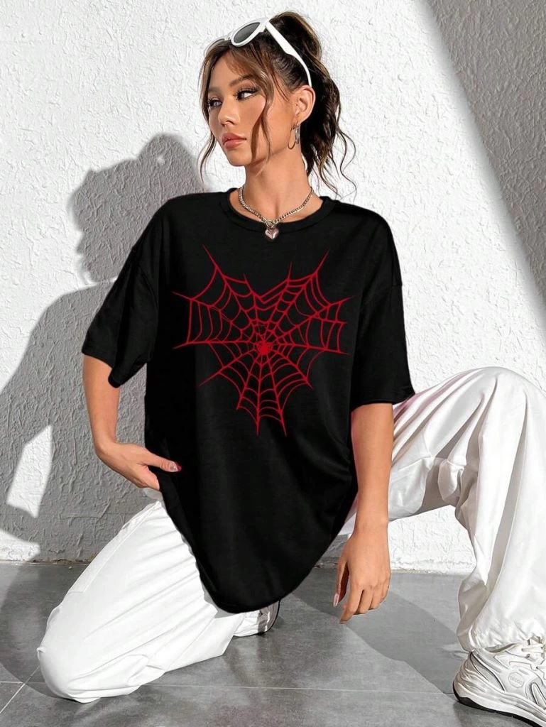 Kadın Baskılı T-Shirt Kısa Kol Bisiklet Yaka Ovarsize Rahat Kalıp Tişört - Siyah