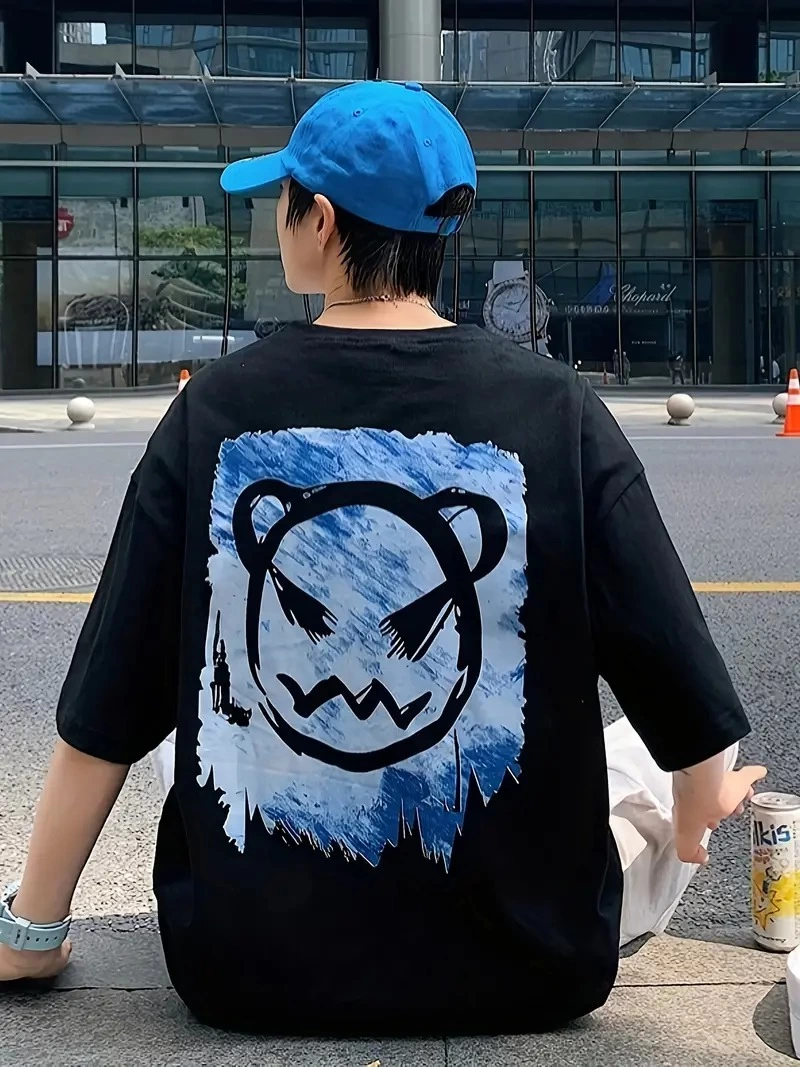 ERKEK Bisiklet Yaka Kore tarzı baskı Kısa Kol t-shirt - Siyah