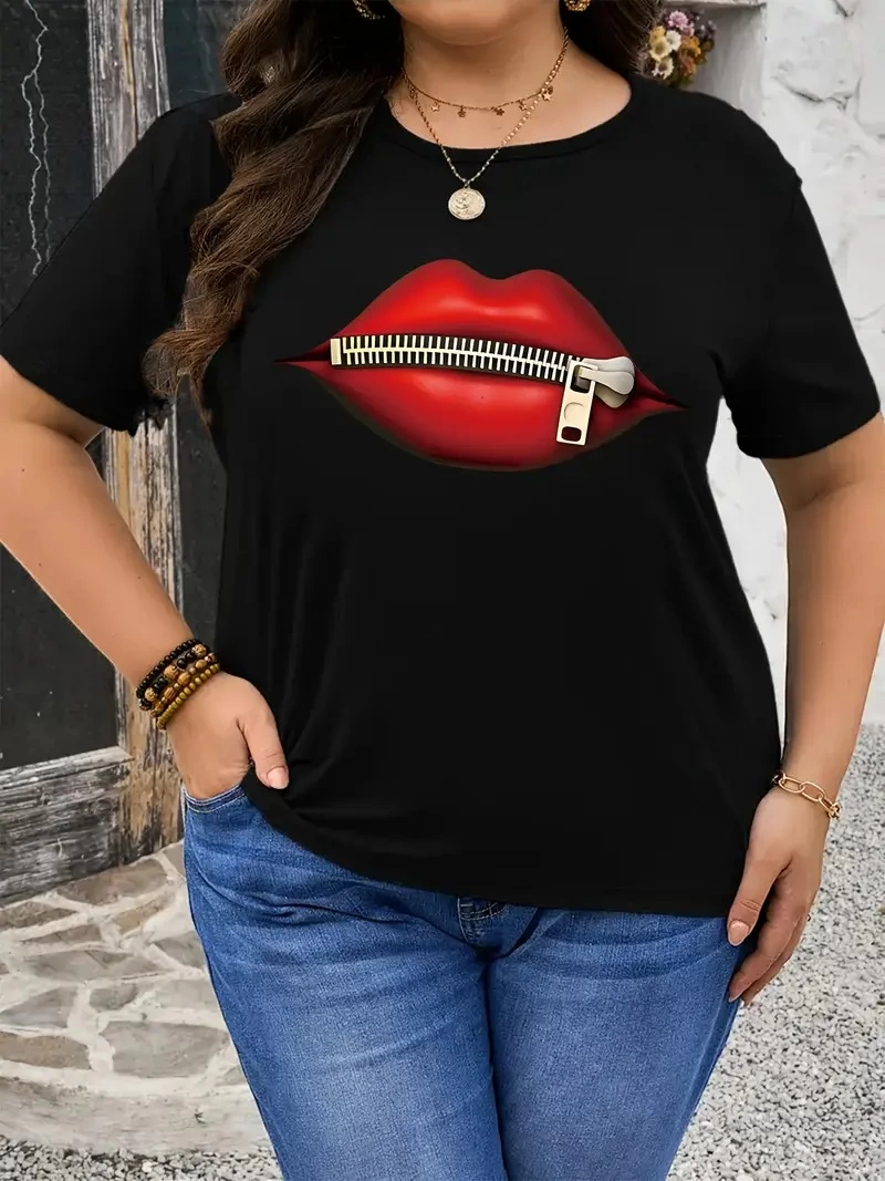 Kadın Dudak Baskılı T-Shirt Kısa Kol Bisiklet Yaka Ovarsize Rahat Kalıp Tişört - Siyah