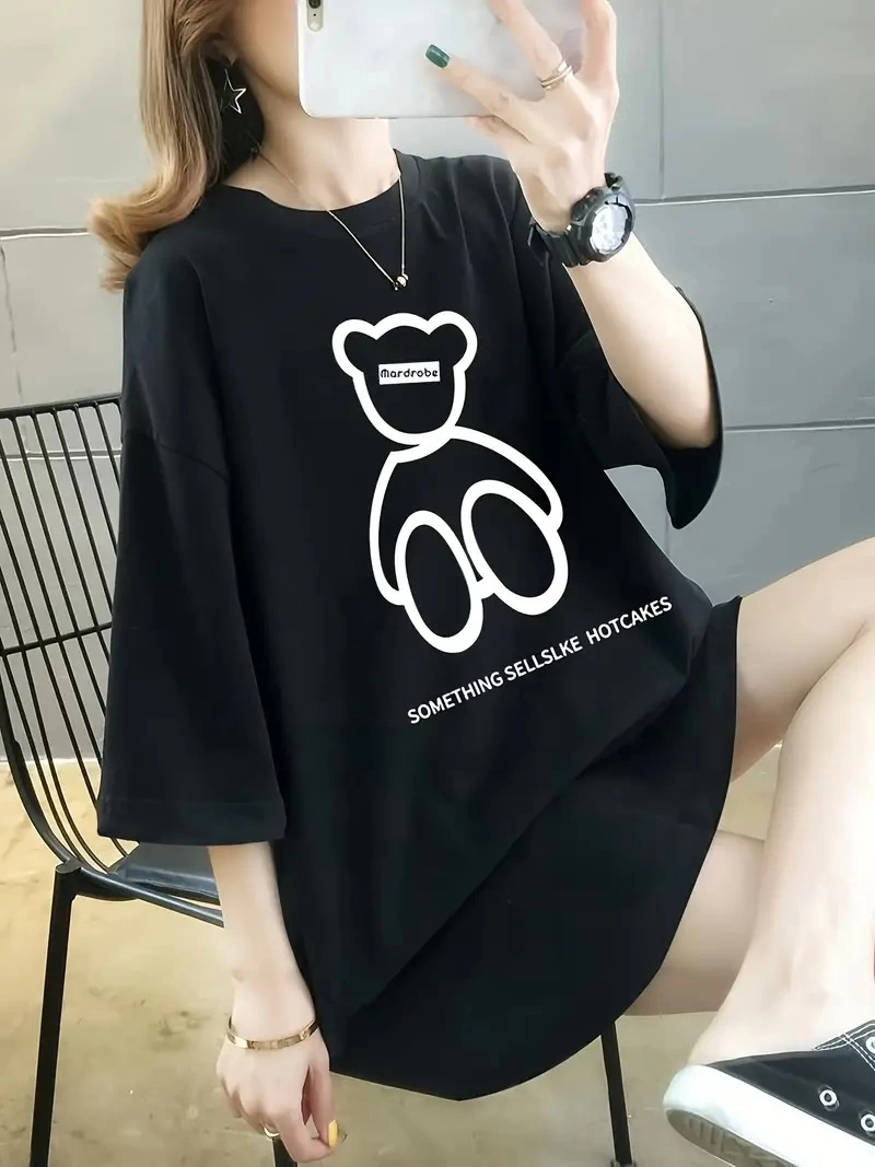 Kadın Penye Compack Baskılı Oversize Bisiklet Yaka T-shirt - Siyah