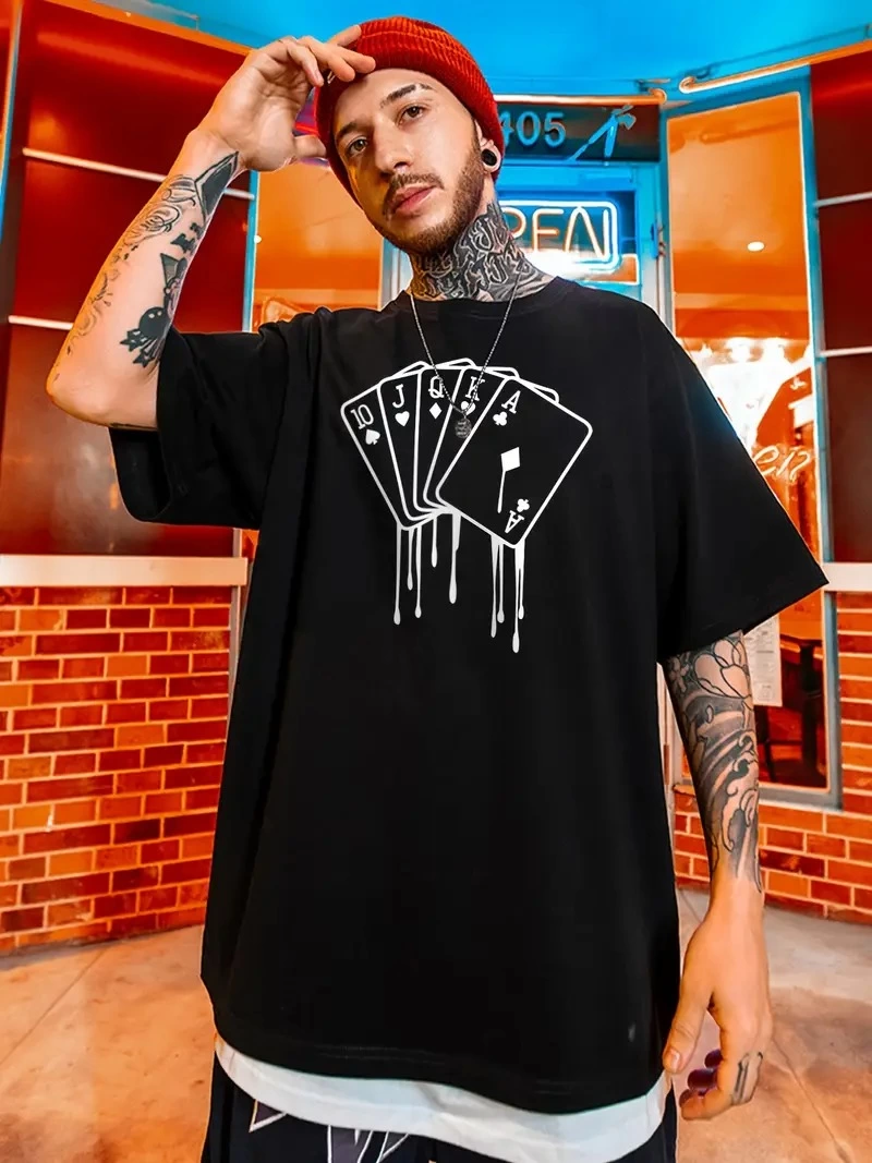 Erkek Kart Baskılı Tişort Kısa Kol Bisiklet Yaka Ovarsize T-Shirt - Siyah