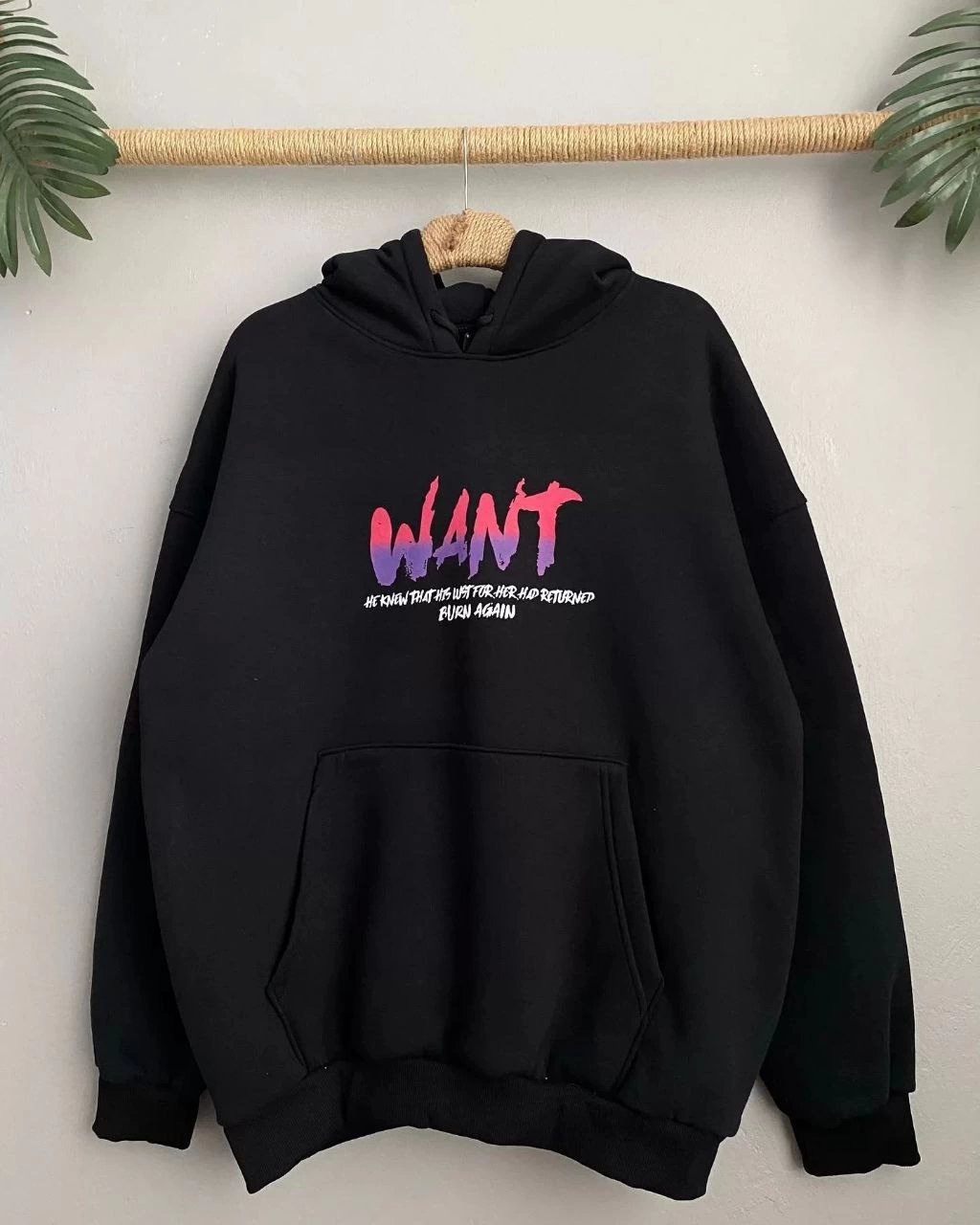 Kadın Baskılı Üç İplik Kapüşonlu Oversize Sweatshirt - Siyah
