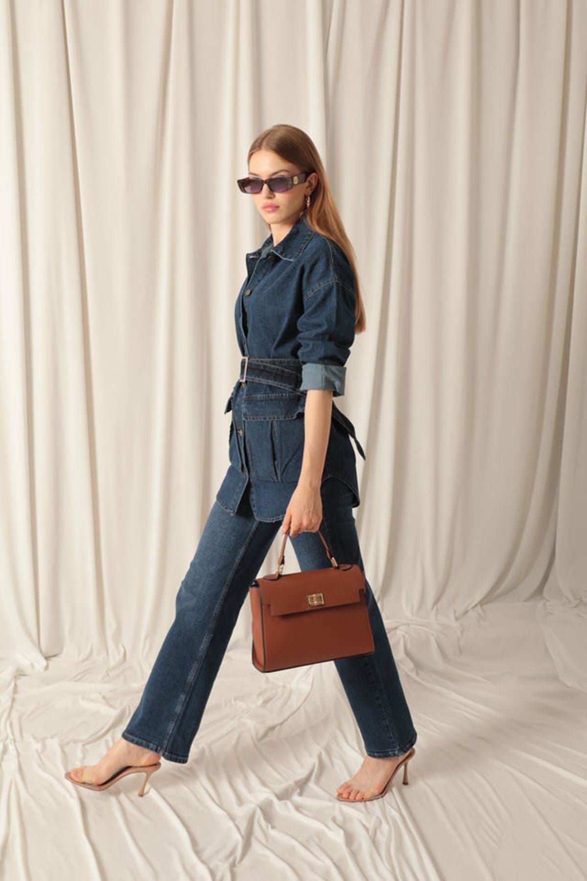 Denim Kumaş Cep Detay Kadın Lacivert Kot Ceket