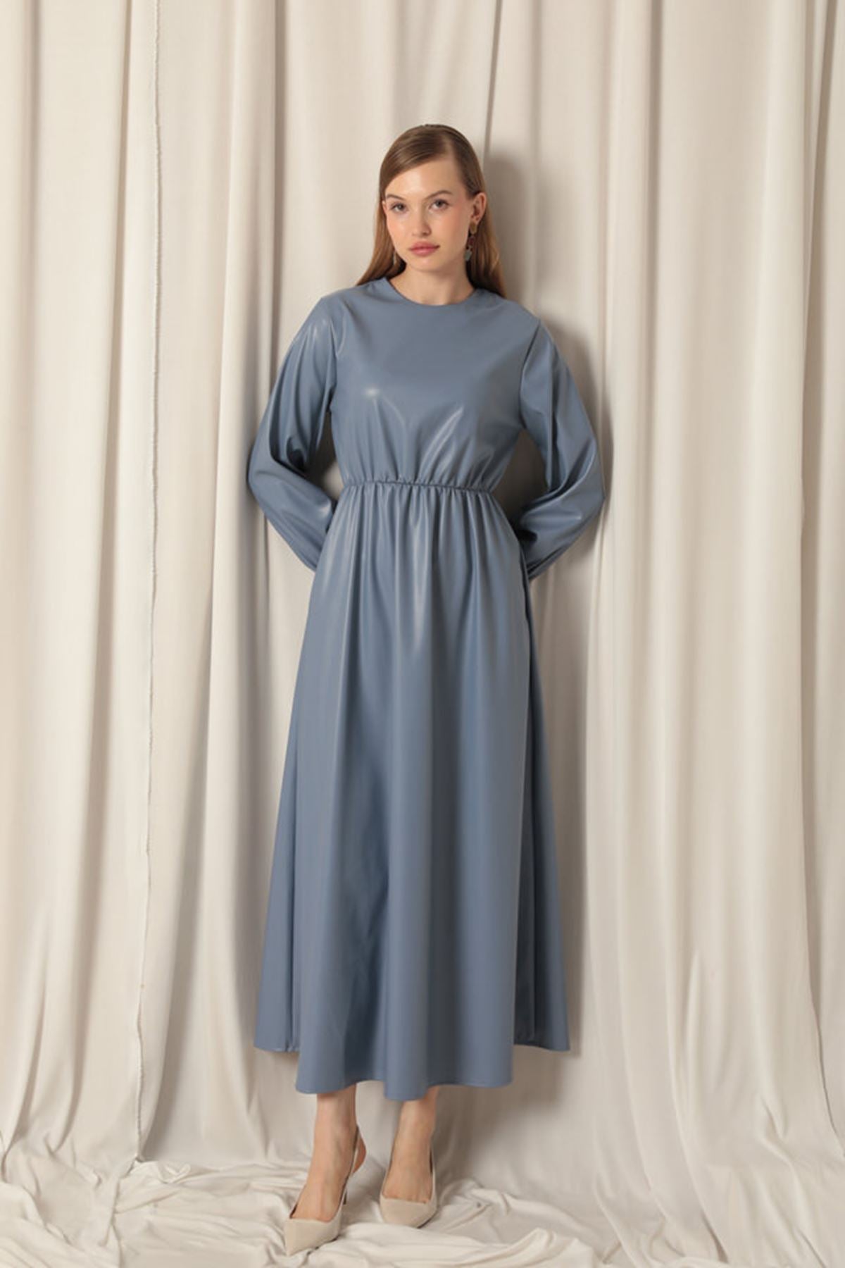 Deri Kumaş Kadın İndigo Elbise