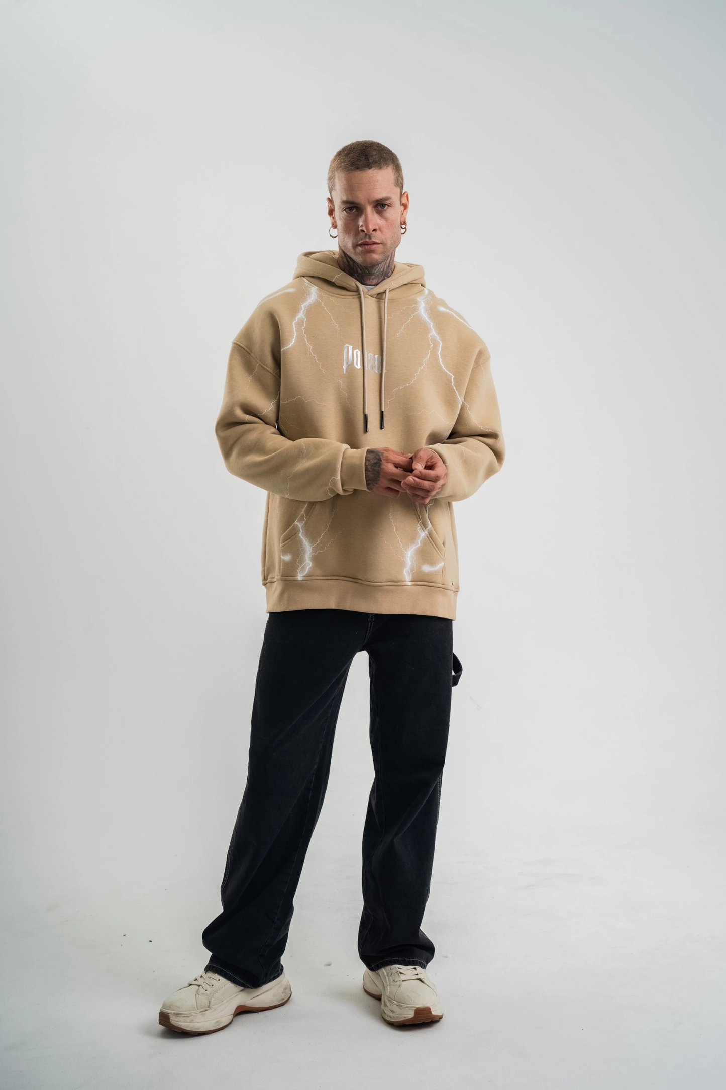 Erkek Şimşek Baskılı Kapşonlu Sweatshirt Üç İplik Pamuklu Kanguru Cepli Double - Bej