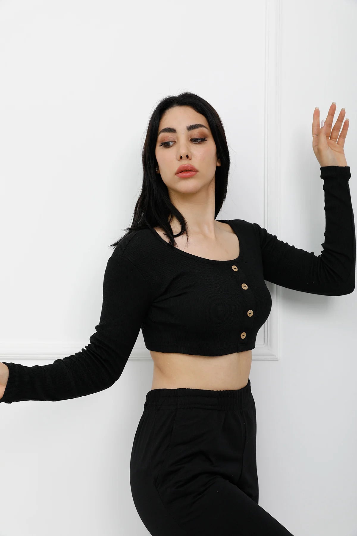 Düğmeli Mini Crop Bady Siyah - P-020494