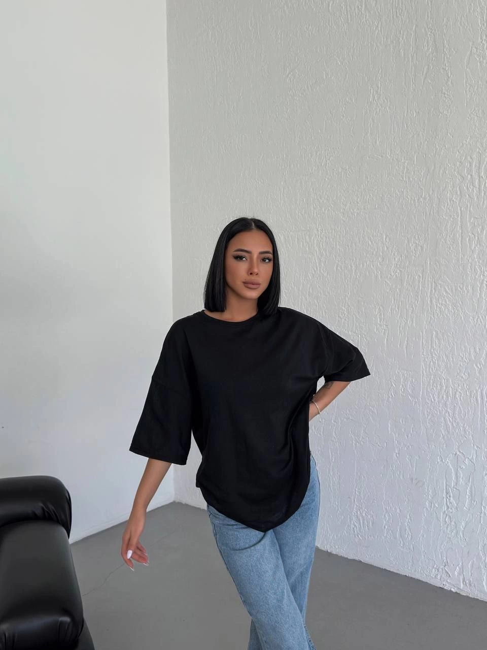 Kadın Düz T-Shirt Kısa Kol Bisiklet Yaka Ovarsize Rahat Kalıp Günlük Tişört - Siyah