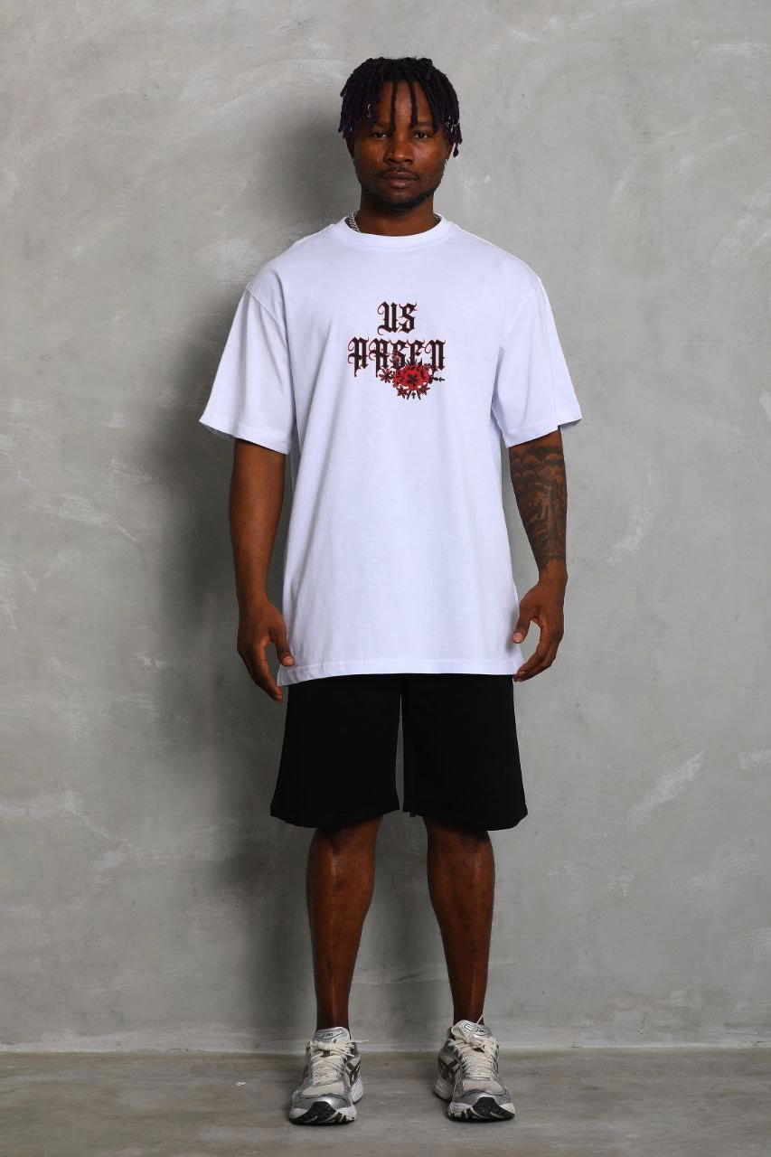 Erkek Baskılı Tişort Kısa Kol Bisiklet Yaka Ovarsize T-Shirt - Beyaz