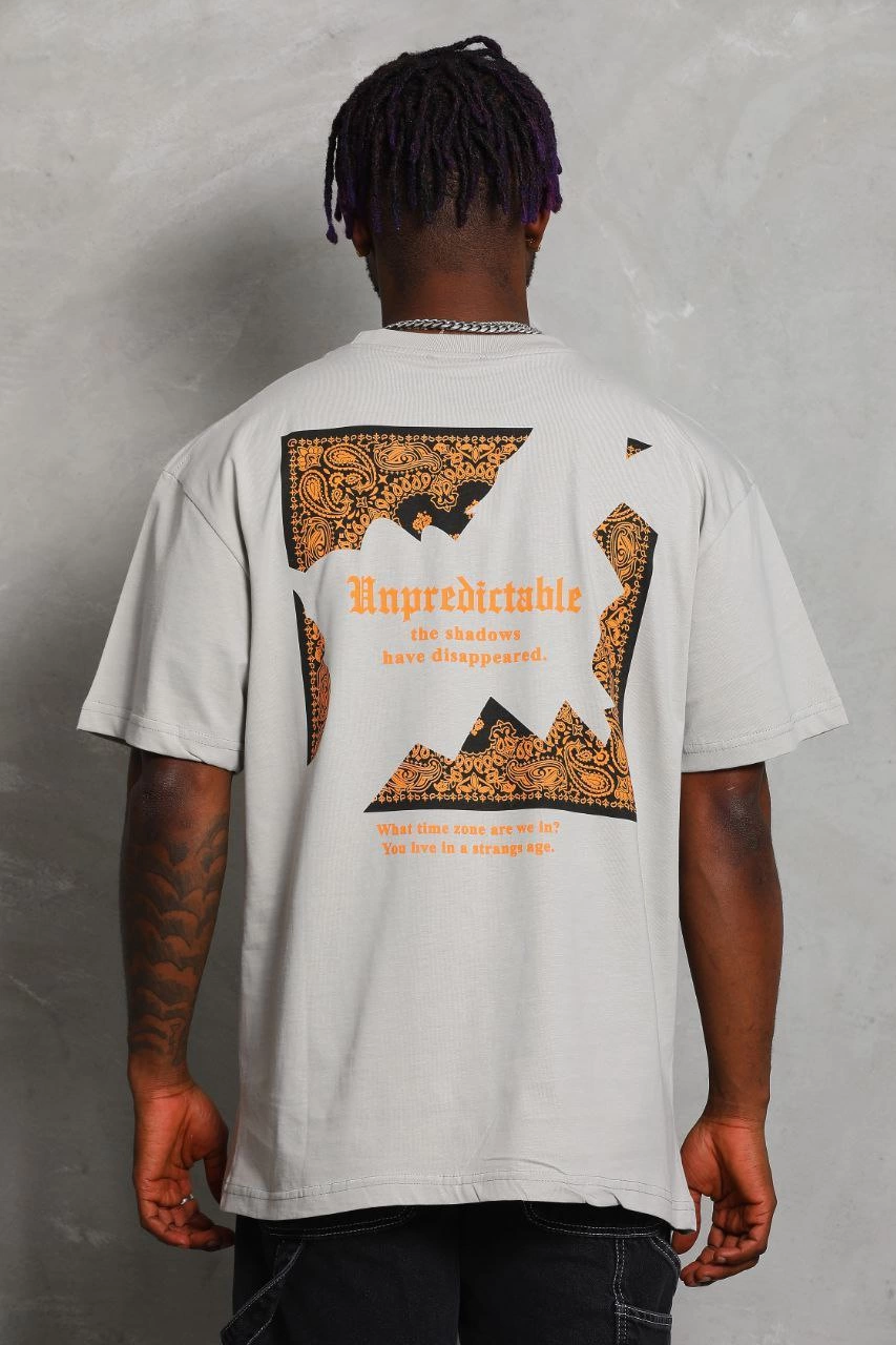 Erkek Baskılı Tişort Kısa Kol Bisiklet Yaka Ovarsize T-Shirt - Gri