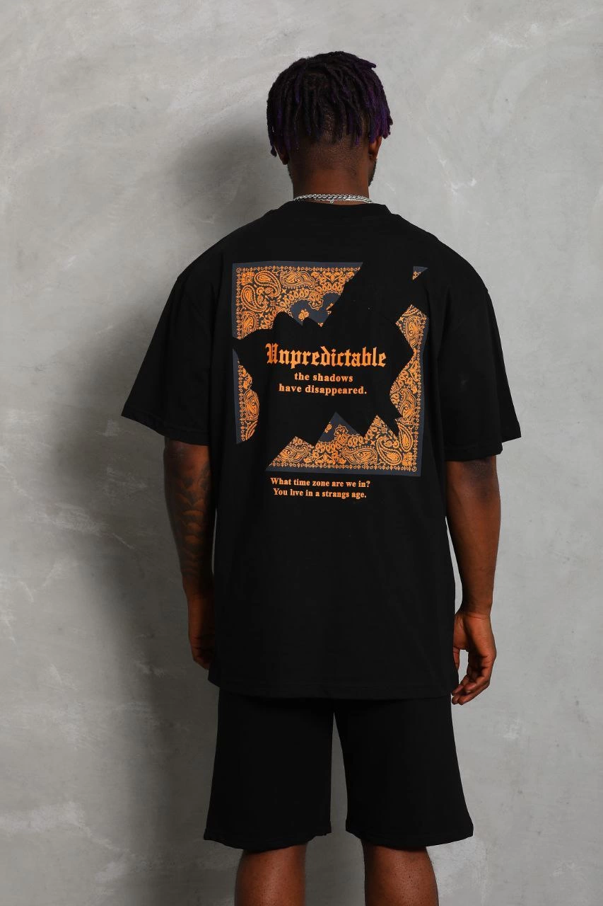 Erkek Baskılı Tişort Kısa Kol Bisiklet Yaka Ovarsize T-Shirt - Siyah