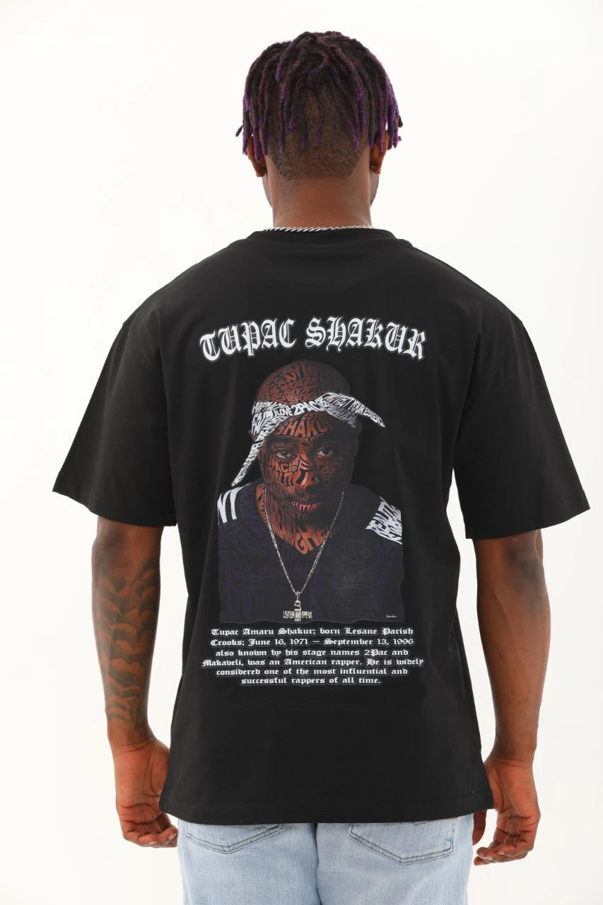Erkek Kısa Kol Oversize Baskılı Bisiklet Yaka T-Shirt - Siyah
